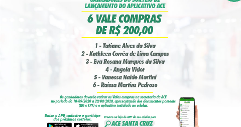 Segundo sorteio do App da ACE Santa Cruz será no dia 8 de outubro